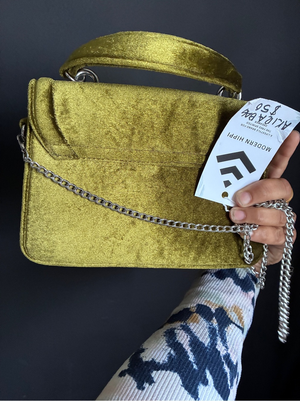 AKIRA Olive Green Velvet Shoulder Bag with Crystal Buckle - Picture 3 of 5